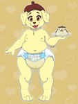 anthro beret bodily_fluids clothed clothing dessert diaper food genital_fluids happy hat headgear headwear holding_object looking_at_viewer male pattern_background plate pudding simple_background solo unclean_diaper urine used_diaper wearing_diaper wet_diaper wetness_indicator stargal_galexi cinnamoroll sanrio pompompurin_(character) 3:4 hi_res