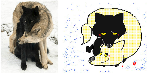 ambiguous_gender black_body black_ears black_fur blush comparison duo feral fur heart_symbol intraspecies looking_at_another monotone_body monotone_fur on_hind_legs photo quadruped snow keke_(artist) canid canine canis mammal wolf animated frame_by_frame loop