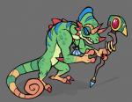 anthro blue_eyes claws fangs green_body green_scales horn jewelry male necklace red_claws scales solo staff standing tail teeth toe_claws buyo_(artist) mythology nevos chameleon dragon hybrid lizard mythological_creature mythological_scalie reptile scalie