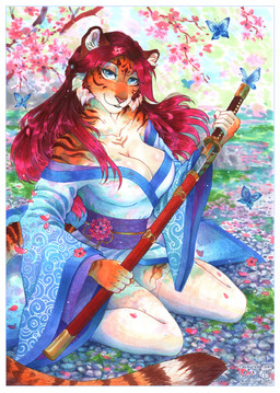 5_fingers anthro asian_clothing biped blue_eyes border breasts brown_body brown_fur brown_tail claws clothed clothed_anthro clothed_female clothing east_asian_clothing female finger_claws fingers front_view fur hair holding_melee_weapon holding_object holding_sword holding_weapon japanese_clothing kimono kneeling looking_at_viewer markings melee_weapon outside red_hair smile solo striped_body striped_fur striped_markings striped_tail stripes sword tail tail_markings weapon white_border araivis-edelveys felid mammal pantherine tiger 2025 digital_drawing_(artwork) digital_media_(artwork) hi_res