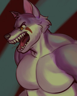 abs anthro cheek_tuft facial_tuft fangs fur half-closed_eyes male muscle_tone muscular muscular_anthro muscular_male narrowed_eyes pattern_background pecs purple_body purple_fur sharp_teeth simple_background solo teeth tuft white_body white_fur diadorin canid canine canis mammal wolf 2023 absurd_res hi_res