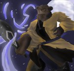 4_fingers anthro black_nose bottomwear brown_body brown_eyes brown_fur claws clothed clothing club_(weapon) eyewear fingers fur glasses grey_claws holding_object male melee_weapon moon night outside pants robe shirt solo topwear weapon ethelas bear mammal