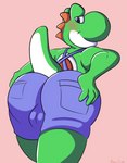 anthro balls_outline blush bulge butt butt_grab clothing detailed_bulge genital_outline hand_on_butt looking_at_viewer male overalls smile solo tight_clothing tight_overalls mazilion mario_bros nintendo green_yoshi yoshi absurd_res hi_res