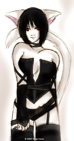 black_hair breasts clothing copyright_symbol corset ear_piercing female hair legwear lingerie panties piercing red_eyes solo stockings symbol tail topwear underwear year unknown_artist verloren animal_humanoid domestic_cat felid felid_humanoid feline felis humanoid mammal mammal_humanoid 2007