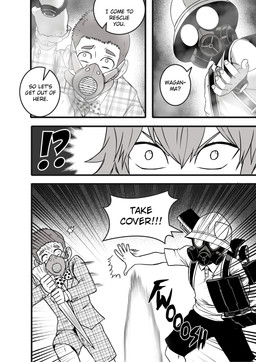attack dialogue duo fancomic fight gas_mask male mask offscreen_character spitting_out text saizuart one-punch_man one_(manga) raptora human mammal comic english_text hi_res