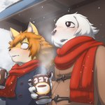 adolescent anthro beverage blush can candy chocolate clothed clothing coat container dessert duo food hot_chocolate looking_up male scarf snow snowing topwear young young_male tsuchinoko_(artist) dogsled_club fuyuki_shiroda_(tsuchi_kemo) mamejirou_shibata_(misodonnburi201) bird_dog canid canine canis domestic_dog hunting_dog mammal retriever shiba_inu spitz 1:1 hi_res