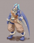 anthro barefoot belt biped blue_body blue_fur bottomwear chain clothed clothing eyes_closed feet fur knife male pants scar simple_background solo topless weapon white_body white_fur biri riot41 bandai_namco tales_of_(series) tales_of_vesperia repede canid canine canis domestic_dog mammal