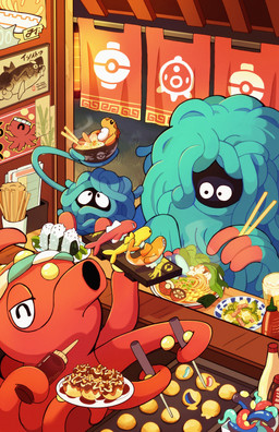 ambiguous_gender chopsticks feral food group holding_chopsticks holding_object noodles onigiri ramen red_body rice takoyaki tentacles taplaos nintendo pokemon cephalopod generation_1_pokemon generation_2_pokemon generation_4_pokemon generation_9_pokemon marine mollusk octillery pokemon_(species) tangela tangrowth tatsugiri absurd_res hi_res