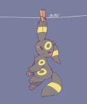 5:6 ambiguous_gender black_body black_fur blush chibi clamp clothes_pin ear_clamp eeveelution eyes_closed fastener feral frown fur generation_2_pokemon hindpaw nintendo nude paws pin_(fastener) pokemon pokemon_(species) purple_background simple_background solo suspension umbreon wolfwithwing