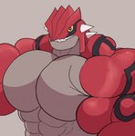 abs anthro big_muscles big_pecs black_eyes clothed clothing grey_background huge_muscles huge_pecs male muscular muscular_anthro muscular_arms muscular_male nude pecs red_body sharp_teeth simple_background solo teeth topless topless_male yellow_sclera crocobu nintendo pokemon generation_3_pokemon groudon legendary_pokemon pokemon_(species) 2020 absurd_res digital_media_(artwork) half-length_portrait hi_res portrait