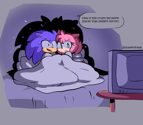anthro bed bedding big_pupils blanket blue_body blue_fur bodily_fluids clothing dialogue duo electronics eyelashes female fur furniture green_eyes male movie_night pillow pink_body pink_fur pupils quills_(anatomy) scared shirt sonamy speech_bubble sweat sweatdrop television television_stand text topwear white_clothing white_shirt white_topwear quavernsfw sega sonic_the_hedgehog_(series) amy_rose sonic_the_hedgehog eulipotyphlan hedgehog mammal english_text hi_res
