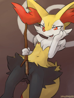 anthro black_body black_fur breasts cheek_tuft chest_tuft clitoral clitoral_masturbation clitoral_rubbing clitoris condom facial_tuft female fur genitals masturbation navel nipples pokemorph sexual_barrier_device small_breasts solo stick tuft vulva yellow_body yellow_fur sealer4258 braixen_day nintendo pokemon pokemon-specific_day braixen generation_6_pokemon pokemon_(species) 3:4 hi_res