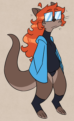 anthro breasts clothing curly_hair eyewear female freckles glasses hair hand_in_pocket long_hair one-piece_swimsuit orange_hair pockets rectangular_glasses solo swimwear tail thick_tail whiskers nerdyreindeer mammal mustelid otter hi_res