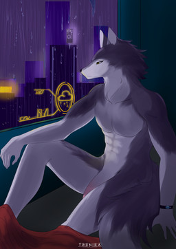 5_fingers abs anthro bedroom big_penis biped clothing detailed_background fingers flaccid genitals handwear hologram humanoid_genitalia humanoid_penis looking_at_another male male_anthro muscular muscular_male navel night pecs penis raining science_fiction window treniea canid canine canis mammal wolf absurd_res hi_res