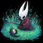 1:1 2024 2_horns arthropod bat black_hands black_legs cloak clothed clothing crossed_legs digital_media_(artwork) duo eyes_closed featureless_feet feet female fingers grimmchild_(hollow_knight) hand_on_cheek happy hollow_knight horn hornet_(hollow_knight) leaf linterteatime mammal open_mouth plant red_cloak red_clothing simple_background sitting sitting_on_ground stick team_cherry wings