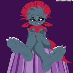 5_toes >:3 anthro anthrofied areola arm_support arm_tuft athletic athletic_anthro athletic_female backward_arm_support bangs bedroom_eyes bent_legs biped black_eyebrows black_nose breasts cheek_tuft claws closed_smile crossed_legs cute_fangs dark_areola dark_eyelids dark_nipples ear_piercing ear_ring eyebrows eyelashes facial_tuft fangs feet female female_anthro foot_focus forehead_gem foreshortening freckled_face freckles front_view fur gem hair half-closed_eyes happy head_tuft humanoid_feet inner_ear_fluff jewelry looking_at_viewer looking_down looking_down_at_viewer low-angle_view medium_breasts mouth_closed narrowed_eyes neck_tuft nipples notched_ear nude perspective piercing plantigrade pokemorph presenting purple_background raised_shoulders red_eyes red_hair red_tail ring_piercing seductive shoulder_tuft simple_background sitting smile smiling_at_viewer smirk snaggle_tooth soles solo tail teeth text thick_eyelashes toe_claws toes tuft under_boob white_claws wrinkles cardboardsoda nintendo pokemon fan_character fang_the_weavile generation_4_pokemon mammal pokemon_(species) weavile 1:1 artist_name digital_drawing_(artwork) digital_media_(artwork) pixel_(artwork)