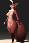 anthro areola barely_visible_genitalia barely_visible_pussy bedroom_eyes bow_(feature) breasts claws clothed clothing countershading digitigrade feathers feet female genitals narrowed_eyes navel nipples partially_clothed pussy seductive smile solo thick_thighs toes wide_hips dredjir cherry_(dredjir) canid canine chimera fox mammal absurd_res full-length_portrait hi_res portrait