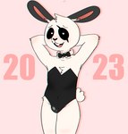 anthro black_ears blush bow_(feature) bow_in_front bow_tie bulge bunny_costume clothed clothing costume femboy hand_on_head looking_at_viewer male partially_clothed simple_background smile smiling_at_viewer solo tail text thick_thighs elponda chinese_zodiac year_of_the_rabbit ponda hybrid lagomorph leporid mammal rabbit hi_res