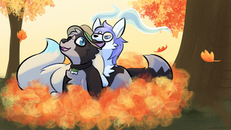 ambiguous_gender autumn blue_eyes clothing collar duo ear_nibble eyewear feral glasses hair hat headgear headwear leaf playful playing purple_hair paddedpurr emily_(peach_embers) lloxie_(character) akita border_collie canid canine canis collie domestic_dog fox herding_dog hybrid mammal pastoral_dog phasefox sheepdog spitz true_fox 16:9 hi_res widescreen nonbinary_(lore) trans_(lore) trans_woman_(lore)