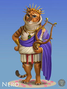 anthro clothing crown gem gold_(metal) gold_jewelry grey_eyes grumpy headgear jewelry looking_at_viewer lyre male musical_instrument necklace orange_body plucked_string_instrument ring royalty shirt solo string_instrument striped_body stripes text toga topwear tunic white_body vestina the_feast_of_nero nero_(vestina) felid mammal pantherine tiger hi_res