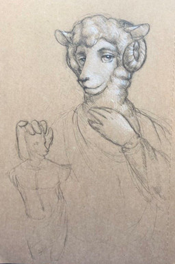 anthro clothed clothed_anthro clothed_male clothing ears_up eyebrows fur horn looking_at_viewer male robe sculpture solo wool_(fur) reynard_goodfellow reynard_the_baa bovid caprine mammal sheep monochrome