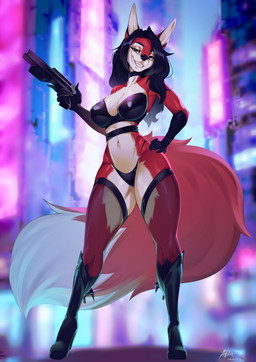 5_fingers anthro biped black_hair blue_eyes boots bra breasts clothed clothed_anthro clothed_female clothing countershade_torso countershading female fingers footwear front_view fur hair high_heeled_boots high_heels legwear looking_at_viewer navel panties red_body red_fur red_tail shoes smile solo standing tail teeth thigh_highs underwear allatir canid canine fox mammal 2025 digital_drawing_(artwork) digital_media_(artwork) hi_res