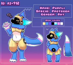 ambiguous_gender anthro belly blue_body blue_fur blue_hair blue_tail blue_tongue dipstick_tail eyes_closed front_view fur hair heart_symbol looking_at_viewer looking_back looking_back_at_viewer machine markings protogen_armor protogen_visor rear_view solo tail tail_markings text tongue white_belly white_tail_tip yellow_eyes young bunhideout purpli protogen 2026 absurd_res english_text hi_res model_sheet adult_(lore)