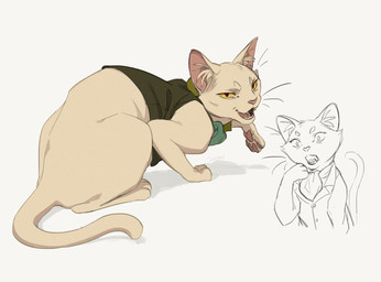 4_fingers bottomless clothed clothing ear_tuft female feral fingers fur jacket looking_at_viewer looking_back looking_back_at_viewer pawpads pink_nose pupils slit_pupils solo tan_body tan_fur topwear tuft yellow_eyes xxlunawarriorxx cartoon_network infinity_train samantha_(infinity_train) domestic_cat felid feline felis mammal 2021
