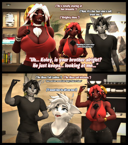 anthro big_breasts black_clothing black_hair black_highlights black_shirt black_topwear blue_eyes bottomwear breasts brown_body choker clothed clothed_anthro clothed_female clothed_male clothing collar dialogue female freckled_breasts freckled_chest freckled_face freckled_shoulders freckles fur gesture grey_body grey_fur group hair hand_gesture highlights_(coloring) huge_hips jewelry male male/female mature_female multicolored_hair necklace pants red_eyes red_hair shirt size_difference small_waist starstruck t-shirt text thick_thighs thumbs_up topwear two_tone_hair white_body white_fur white_hair wide_hips conditional_dnp domi3d ace_(domi3d) kole_(domi3d) lee_(domi3d) ruby_(domi3d) bovid canid canine canis caprine fox goat hybrid mammal sheep wolf 2025 3d_(artwork) absurd_res comic digital_media_(artwork) english_text hi_res sign_language source_filmmaker_(artwork) adopted_(lore) adoptive_brother_(lore) adoptive_sibling_(lore)