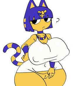anthro bangs big_breasts blue_ears blue_hair bob_cut bottomless bottomless_anthro bottomless_female bracelet breasts choker cleavage clothed clothing collar collarbone curvy_figure dress female female_anthro fingers front_view fur genitals hair hand_on_hip huge_breasts huge_thighs innie_vulva jewelry looking_aside markings mouth_closed multicolored_body multicolored_fur navel_outline necklace nipple_outline noseless question_mark short_dress short_hair simple_background solo striped_markings striped_tail stripes tail tail_markings thick_thighs uraeus vulva white_background white_sclera wide_hipped_anthro wide_hipped_female wide_hips yellow_body yellow_fur yellow_inner_ear xarop77 animal_crossing nintendo ankha_(animal_crossing) domestic_cat felid feline felis mammal 2026 digital_drawing_(artwork) digital_media_(artwork) hi_res portrait three-quarter_portrait