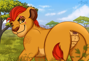 adolescent animal_genitalia anus balls butt demonstration eye_scar facial_scar feral fully_sheathed fur genitals hidden_penis male mane mohawk penis rear_view red_mane savanna scar sheath sky smile smiling_at_viewer smirk smirking_at_viewer solo tail tail_tuft tuft yellow_body yellow_fur young young_feral young_male miuyki disney the_lion_guard the_lion_king kion_(the_lion_guard) felid feline lion mammal pantherine absurd_res digital_drawing_(artwork) digital_media_(artwork) hi_res shaded
