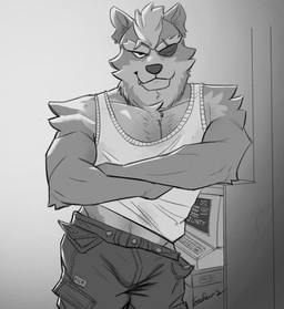 anthro bottomwear cargo_pants clothing computer crossed_arms cute_fangs electronics eye_patch eyewear fangs looking_at_viewer male manly muscular muscular_anthro pants shirt solo tank_top teeth topwear sefews nintendo star_fox wolf_o'donnell canid canine canis mammal wolf hi_res monochrome