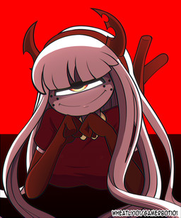 accessory armwear big_breasts breasts clothed clothing elbow_gloves fake_horns feet_in_air female freckled_face freckles gloves hair hair_accessory hairband handwear horned_hairband long_hair looking_at_viewer lying not_furry on_front pose red_armwear red_background red_clothing red_elbow_gloves red_gloves red_handwear simple_background smile solo white_hair barryfactory suzie_(barryfactory) cyclops demon humanoid 2022 5:6 absurd_res hi_res