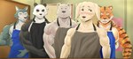 anthro apron apron_only clothing group male muscular muscular_anthro muscular_male scar jirux beastars bill_(beastars) gouhin_(beastars) jack_(beastars) legoshi_(beastars) riz_(beastars) bear canid canine canis domestic_dog felid giant_panda mammal pantherine tiger wolf 2024 absurd_res digital_media_(artwork) hi_res