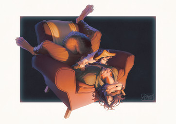 anthro armchair book bottomwear brown_body brown_bottomwear brown_clothing brown_fur brown_hair brown_nose brown_pants chair clothed clothing fur furniture green_clothing green_eyes green_topwear hair holding_book holding_object looking_at_viewer lying male mouth_closed on_back pants short_hair simple_background solo topwear white_body white_fur azuza canid canine mammal 2024 dated