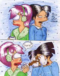 asian blush breasts clothed clothing duo female female/female hair lipstick makeup not_furry open_mouth ponytail purple_hair snow leenakill comedy_central futurama amy_wong turanga_leela cyclops human mammal 2012 traditional_media_(artwork)