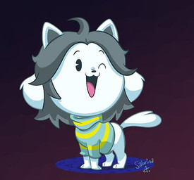 ambiguous_gender blue_clothing blue_sweater blue_topwear clothing feral one_eye_closed open_mouth pattern_clothing pattern_sweater pattern_topwear solo striped_clothing striped_sweater striped_topwear stripes sweater topwear wink sibsy undertale undertale_(series) temmie_(undertale) domestic_cat felid feline felis mammal tem 2016