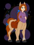 anklet blue_eyes breasts brown_hair clothed clothing female hair hoodie hooves jewelry ponytail ribbons saddle_bag smile solo topwear dragon-fangx european_mythology greek_mythology mythology centaur equid equid_taur humanoid_taur mammal mammal_taur taur alpha_channel hi_res