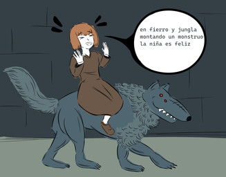 4_eyes 4_legs black_nose brown_clothing brown_dress brown_footwear brown_shoes carrying_another carrying_partner clothing dialogue dress duo eyes_closed fangs female feral footwear fur grey_body grey_fur hair happy multi_eye neck_tuft open_mouth orange_hair riding riding_on_back sharp_teeth shoes short_hair simple_background speech_bubble stone_wall teeth text tuft walking wall_(structure) white_body white_skin aweonado1apir fear_and_hunger the_simpsons girl_(fear_&_hunger) moonless canid canine eldritch_abomination human mammal 2023 absurd_res digital_media_(artwork) hi_res spanish_text translated female_(lore)