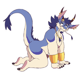 all_fours anthro areola barbell_piercing blue_body blue_fur blue_hair chest_tuft fur genitals gold_(metal) gold_jewelry hair horn horn_jewelry jewelry looking_back male mostly_nude_male nipple_piercing nipples penis piercing raised_tail side_view simple_background solo tail tuft white_background white_body white_fur junkztown mythology zederick_(junkztown) dragon eastern_dragon furred_dragon furred_scalie luck_dragon mythological_creature mythological_scalie scalie hi_res