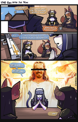 anthro armwear big_breasts black_lips bodily_fluids border breasts brown_hair building censor_bar censored_face church cleavage clothed clothing cloud covered_eyes cross cross_necklace dialogue dipstick_tail elbow_gloves eyes_closed female fingerless_gloves forked_tail gloves green_eyes group gun habit hair handgun hands_together handwear horn humor inside jewelry lips male markings multicolored_tail necklace notched_ear nun open_mouth praying purple_hair ranged_weapon religion scar sitting sky smile speech_bubble sweat sweatdrop tail tail_markings text unusual_anatomy unusual_tail veil weapon white_border blackboltlonewolf forgotten_weapons alma_(skecchiart) ian_mccollum jesus_christ roxanne_(spikedmauler) sister_merryweather bovid canid canine caprine domestic_cat felid feline felis fox human mammal 2020 absurd_res censored comic english_text hi_res