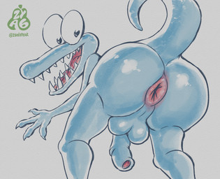 anthro anus backsack balls big_butt butt foreskin genitals glistening glistening_butt looking_at_viewer low-angle_view male penis sharp_teeth simple_background smile solo tail teeth zyasixpear donkey_kong_(series) nintendo klampon klaptrap kremling scalie hi_res sketch