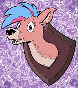 abstract_background award black_nose blue_eyes blue_hair brown_body brown_fur deer_head eyelashes female fur hair looking_at_viewer mounted_trophy purple_background simple_background solo talking_to_viewer taxidermy teeth tongue trophy trophy_head wall_mount trevor-fox pngtuber trevor-fox_(character) animate_inanimate deer mammal animated