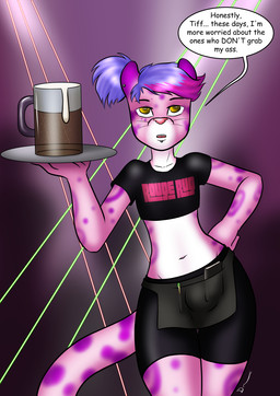 alcohol anthro apron arms_bent beverage black_clothing blue_body blue_hair bottomwear clothed clothing dialogue ear_piercing facial_piercing femboy green_eyes hair hand_on_hip hand_on_own_hip holding_object holding_tray looking_at_viewer male markings multicolored_body name_drop name_in_dialogue navel notebook open_mouth pen piercing ponytail print_clothing print_shirt print_t-shirt print_topwear serving serving_alcohol serving_beverage shirt short_hair shorts solo speech_bubble spots spotted_body standing stylized_text t-shirt text text_emphasis text_on_clothing text_on_shirt text_on_t-shirt text_on_topwear text_print topwear touching_hip touching_own_hip two_tone_body waiter whiskers white_body writing_utensil danaume felid leopard mammal pantherine english_text hi_res