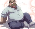 anthro belly blush bottomwear brown_body brown_fur clothing eyewear fur glasses kemono male overweight overweight_anthro overweight_male pants shirt sitting solo topwear emufu canid canine canis domestic_dog mammal 2017 6:5 hi_res