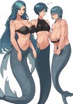 big_breasts black_clothing black_eyes black_topwear blue_body blue_hair blue_scales blush blush_lines bodily_fluids breast_size_difference breasts cleavage clothed clothing ear_fins female fin fish_tail group hair hair_over_eyes huge_breasts long_hair navel open_mouth scales short_hair simple_background small_breasts split_form sweat sweatdrop tan_body tan_skin text topwear trio white_background wide_hips badaseangsu humanoid marine merfolk hi_res