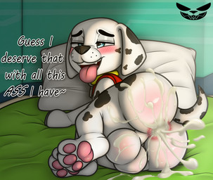 after_anal ahegao anus backsack balls big_balls big_butt blue_eyes blush bodily_fluids butt clothing collar cross-eyed cum cum_drip cum_expulsion cum_fart cum_in_ass cum_inside cum_on_balls cum_on_butt cum_splatter dog_bed dripping feral floppy_ears fur genital_fluids genitals green_bed inside looking_pleasured male motion_blur narrowed_eyes open_mouth pawpads pet_bed pillow pink_pawpads presenting projectile_cum red_clothing red_topwear red_vest solo spots text tongue tongue_out topwear vest whisker_spots white_body white_fur yellow_collar pepperbunny paw_patrol marshall_(paw_patrol) canid canine canis dalmatian domestic_dog mammal english_text hi_res watermark