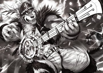 anthro barazoku bass_guitar biceps black_nose clothing fur guitar male muscular muscular_anthro muscular_male musical_instrument open_mouth plucked_string_instrument simple_background solo string_instrument null-ghost canid canine mammal 2018 digital_media_(artwork)