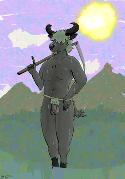 anthro armpit_hair balls beard belt black_fingernails black_nails bodily_fluids body_hair cloud colored_nails ear_piercing ear_ring facial_hair fingernails flaccid foreskin genitals goatee grass grey_body hair hair_over_eyes hooves horn humanoid_genitalia humanoid_penis male melee_weapon mountain nails navel nipples nude penis piercing plant polearm pubes ring_piercing rope rope_belt scythe solo sweat sweaty_balls sweaty_genitalia weapon yhr'ytr bovid bovine cattle mammal hi_res