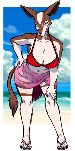 5_tongues anthro beach big_breasts bikini breasts clothing female flip_flops footwear leaning leaning_forward multi_tongue plantigrade sandals shoes smug solo swimwear tongue two-piece_swimsuit wide_hips zimakum beastars cosmo_(beastars) giraffid mammal okapi absurd_res colored_sketch hi_res sketch